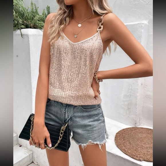 Luxe champagne chain detail sequins cami top - Picture 2 of 5